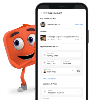 Thryver peeking out from behind mobile phone showing someone using Thryv's online appointment scheduling tool